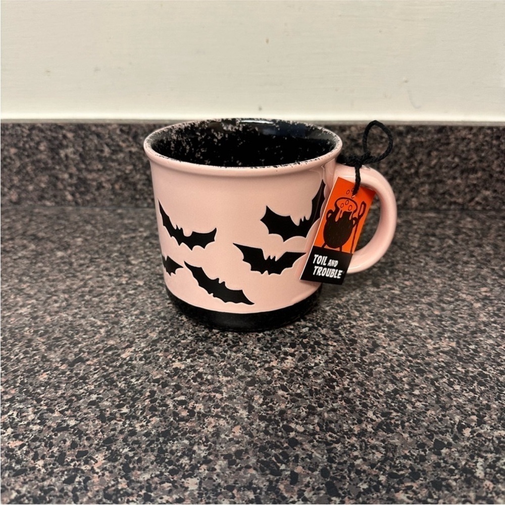 Toil And Trouble Halloween Mug Pastel Pink With Black Bats